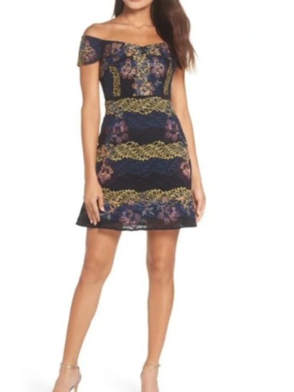 Foxiedox Womens Georgina Bardot Mini Dress Floral Embroidered Lace 6 New